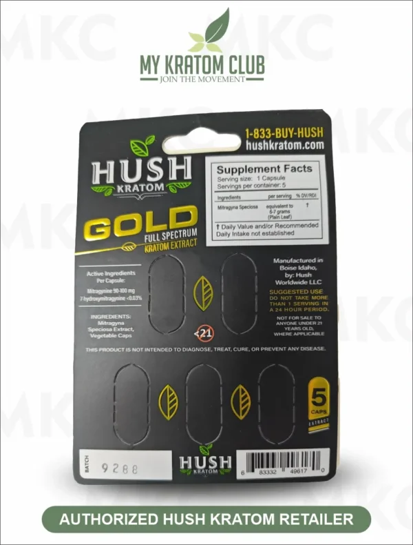 Hush Kratom Gold Extract Capsules 5 Count (2 Options) - Image 2